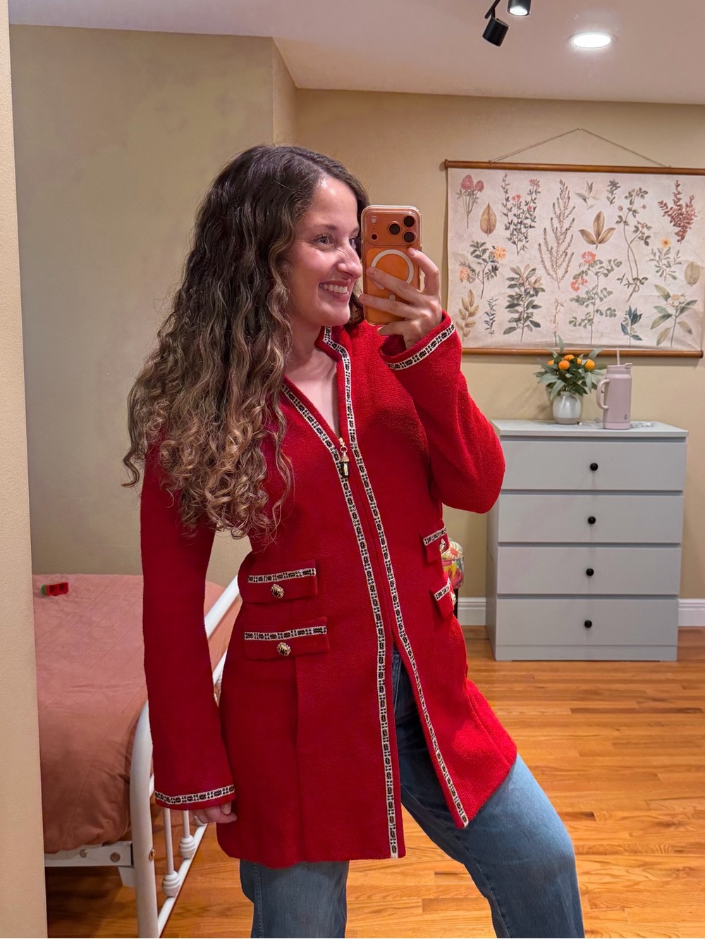 St. John Vintage Red Knit Long Blazer with Contrast Trim 12 - Picture 3 of 16